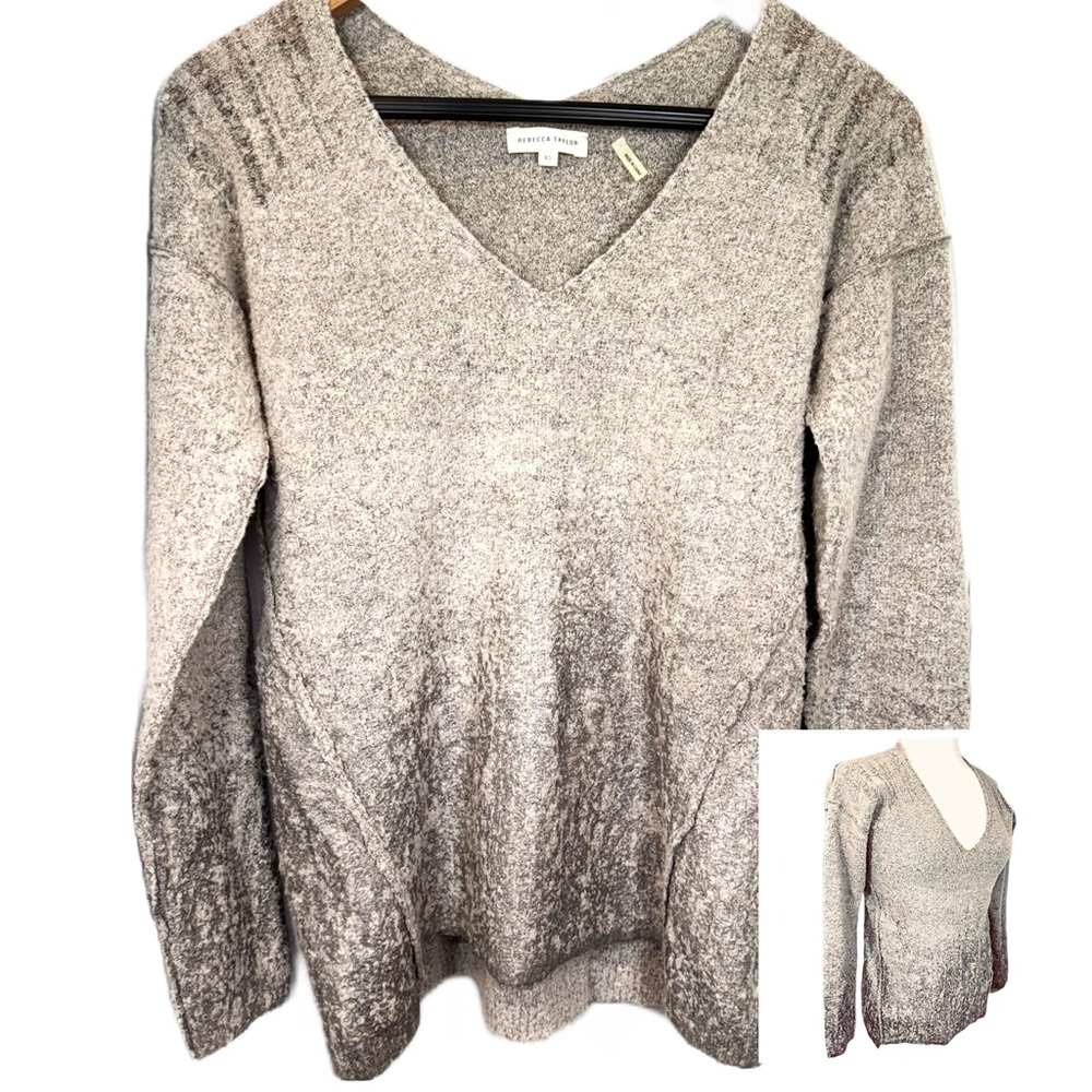 Rebecca Taylor Metallic Foil Long Sleeve Pullover Sweater Tan Silver Ombré Sz XS